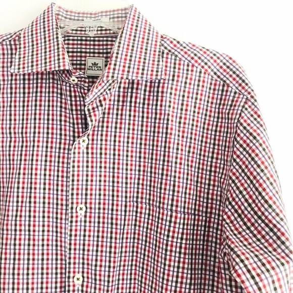 Peter Millar | Check Button Front Dress Shirt Medium Red Striped Button Cuff - Picture 3 of 9